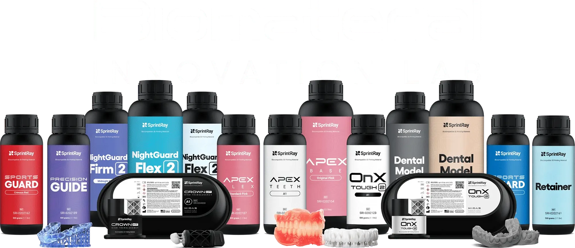 Collection of dental 3D printing supplies including bottles of resin, dental models, aligners, and printing equipment.