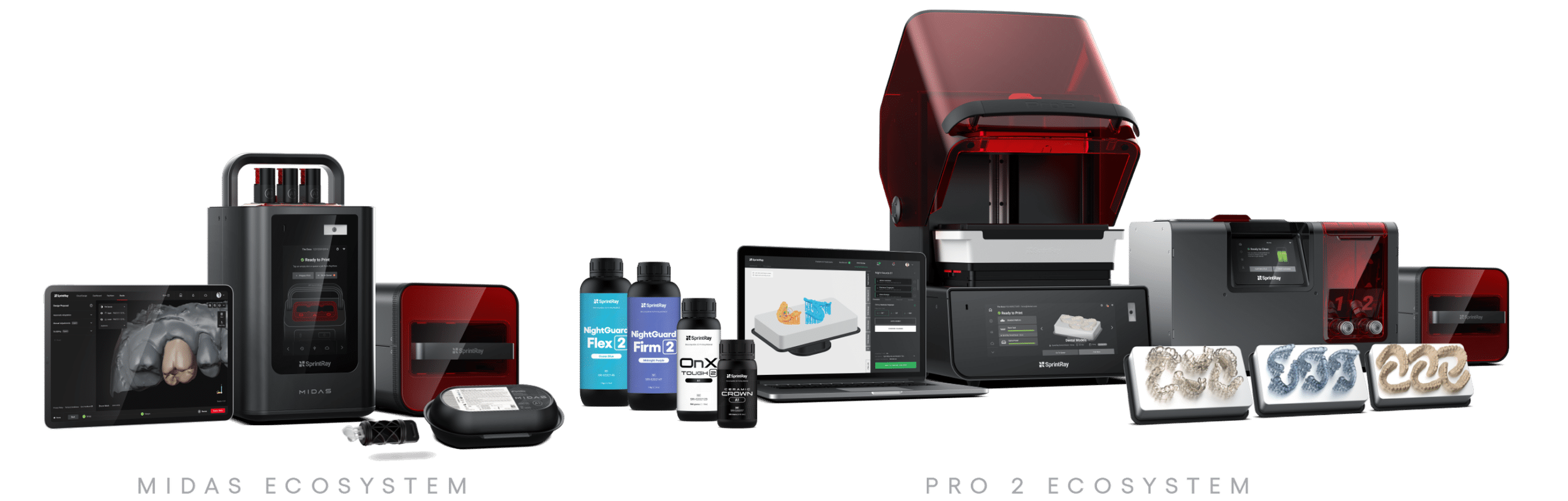 3D printer alongside dental design tools, including a monitor displaying dental models, dental materials, and 3D-printed dental prosthetics.