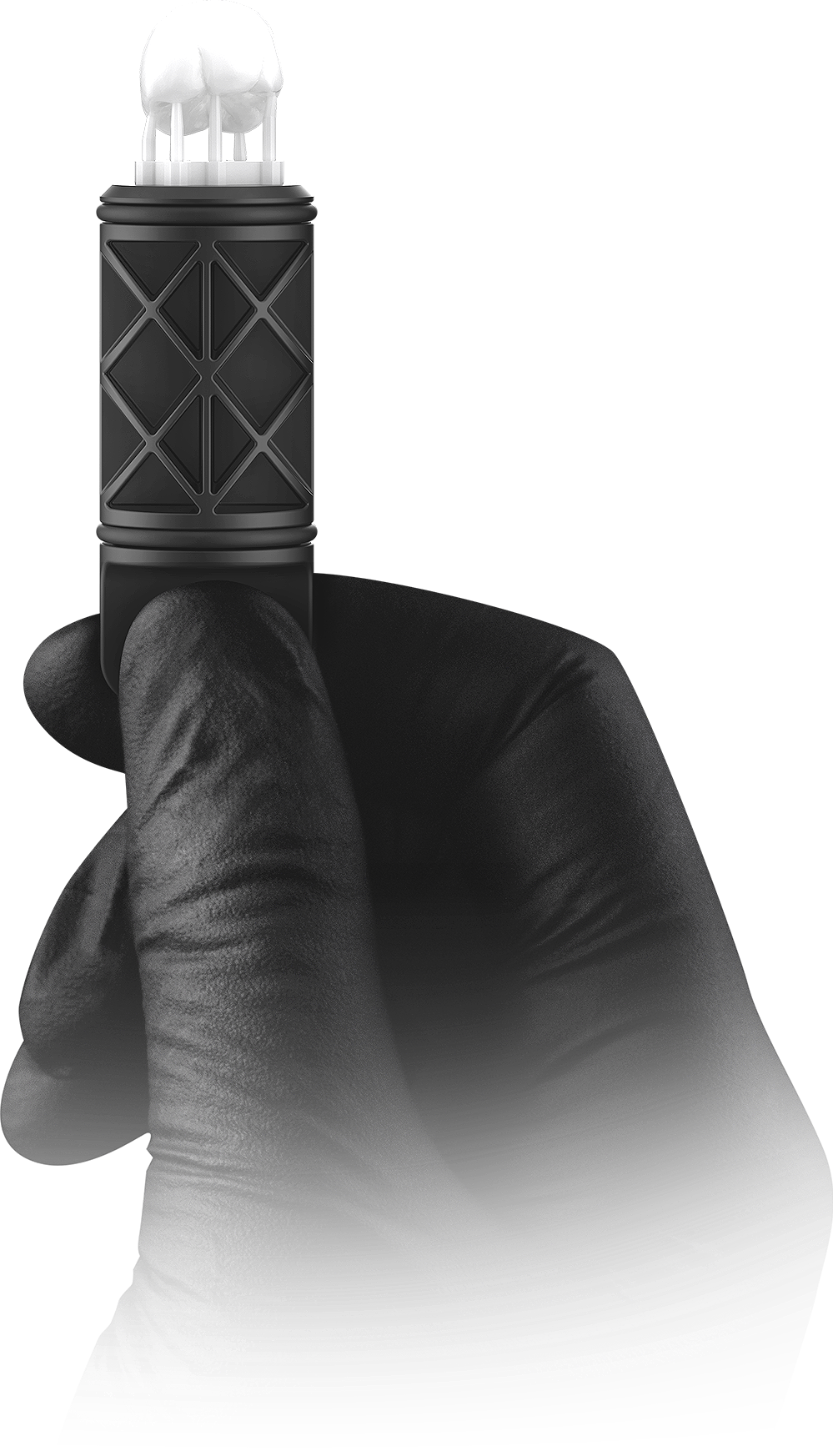 A hand wearing a black glove holding a lighter with a clear, frosted flame shaped top.