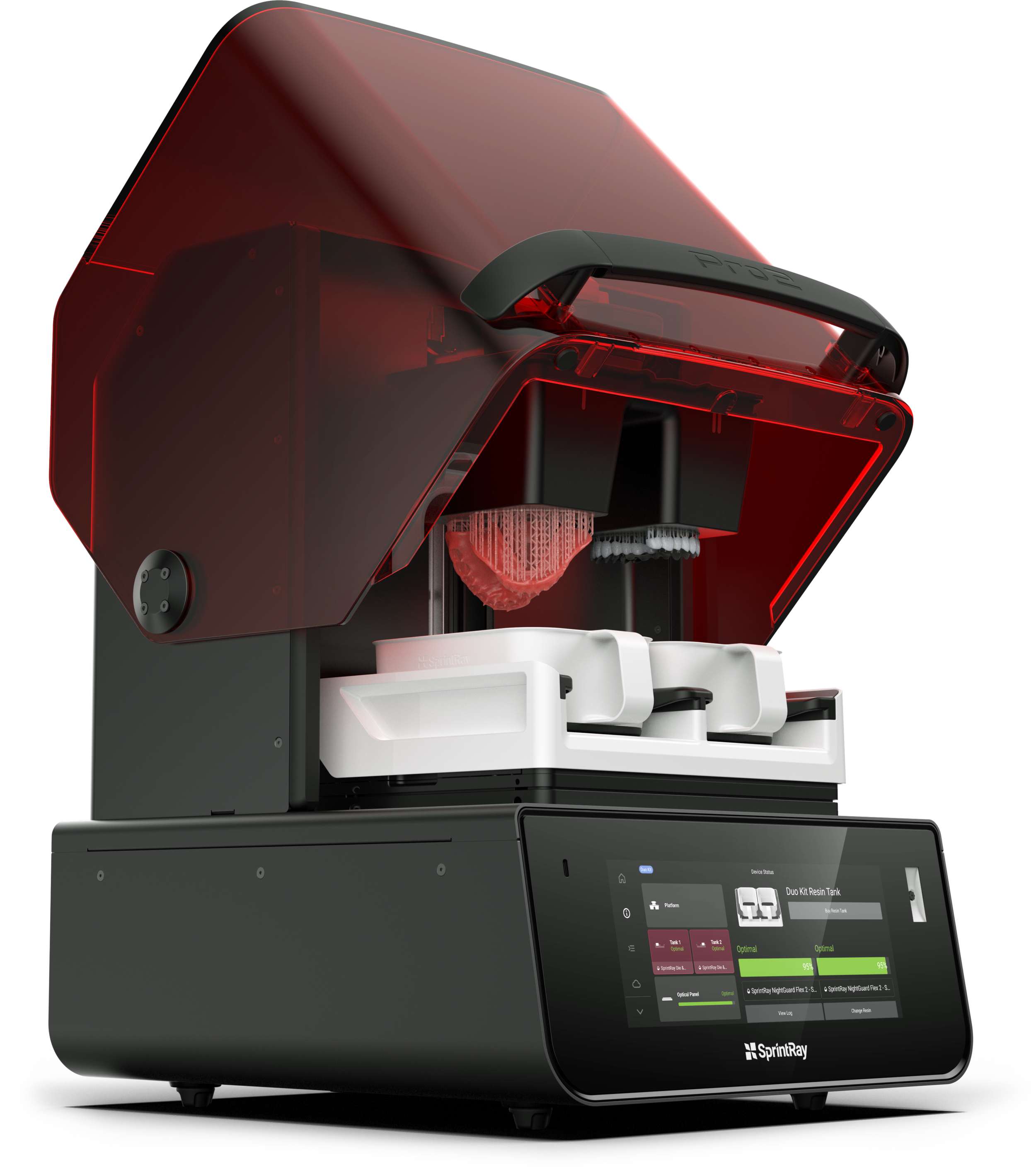A 3D printer with a black and red design, displaying a user interface screen and partially showing the internal printing mechanism, including a resin tank and print bed.