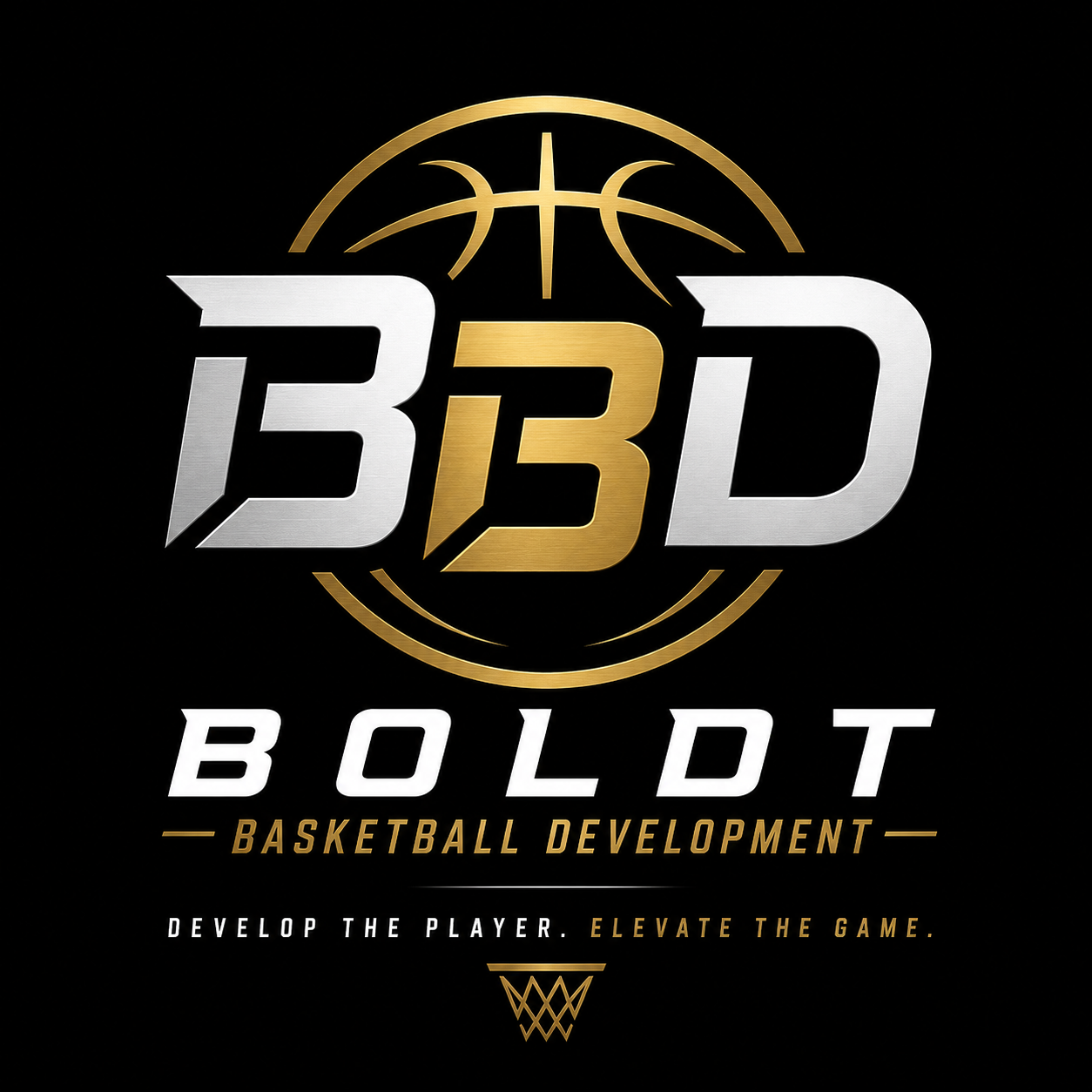Logo for B3D Bold Basketball Development with basketball graphics, gold and silver accents, and the slogan 'Develop the Player. Elevate the Game.'