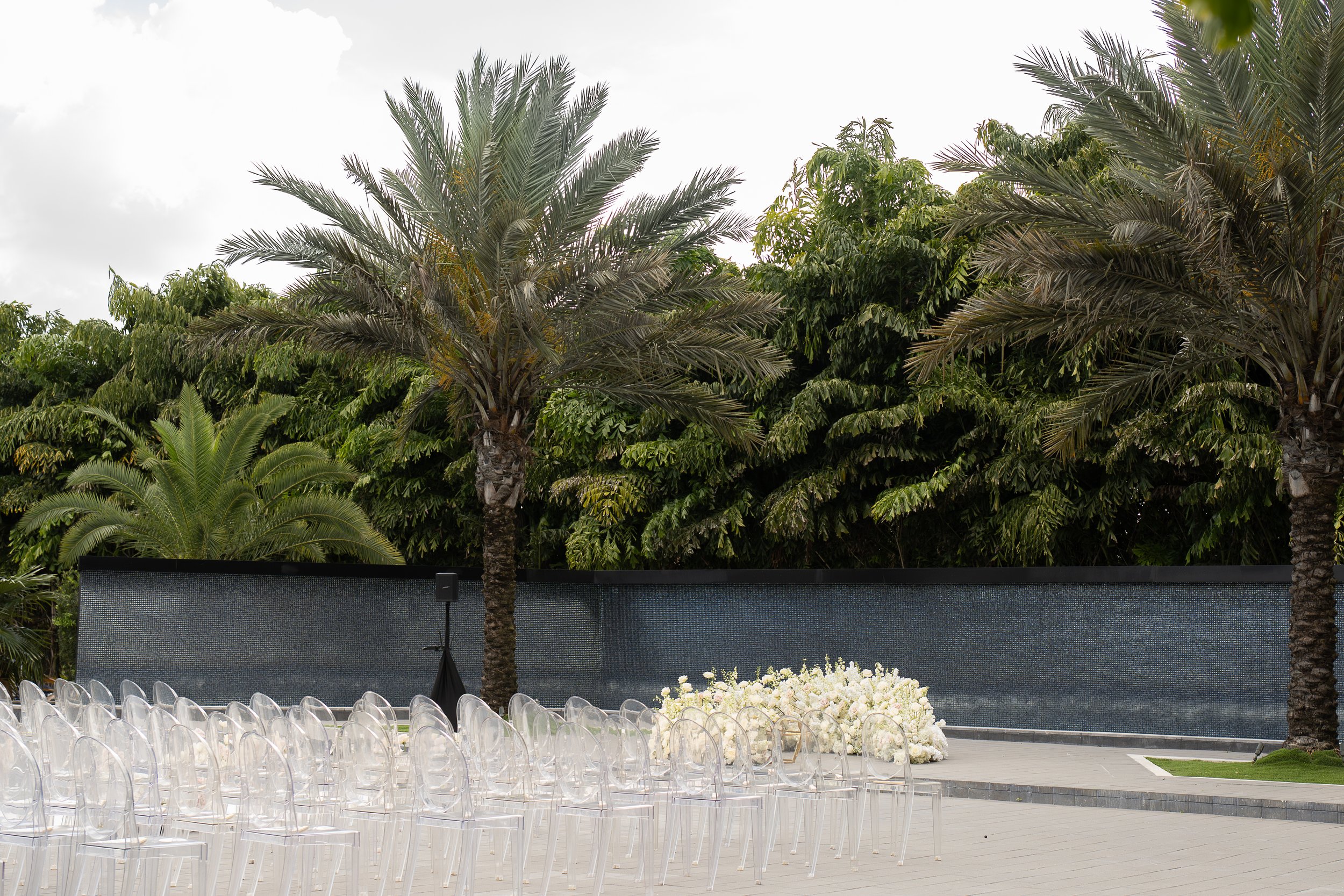 Outdoor event setup with transparent chairs arranged in rows, white floral arrangements, tall palm trees, and a large black screen or backdrop, overcast sky.
