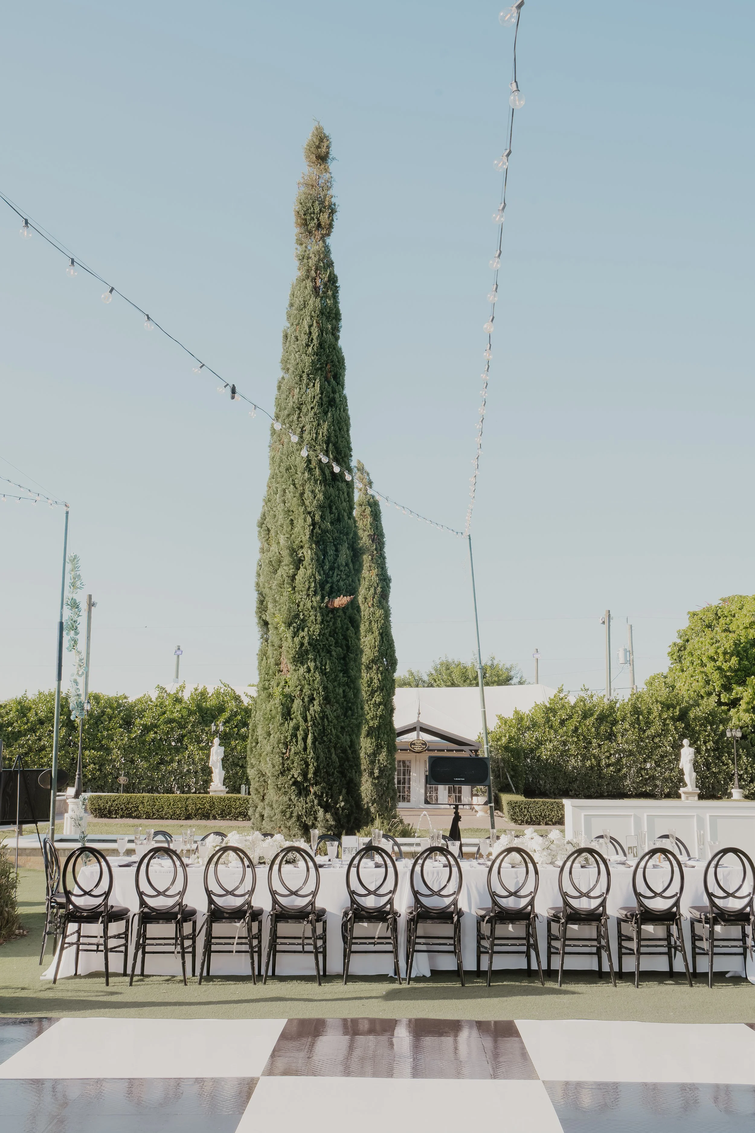 Outdoor event setup with rows of chairs and round tables in front of a stage, decorated with white flowers, in a garden area with statues, trees, and string lights hanging above, and a tall cypress tree in the background.
