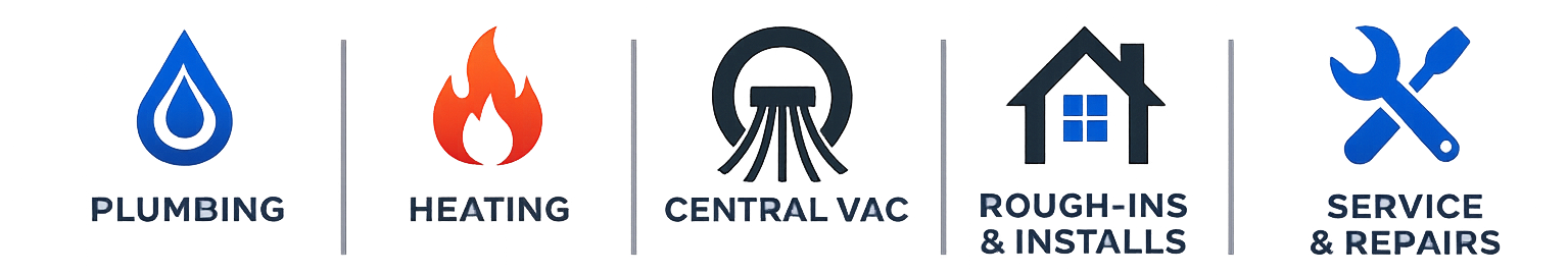 Icons representing different home services: plumbing, heating, central vacuum, rough-ins & installs, service & repairs.