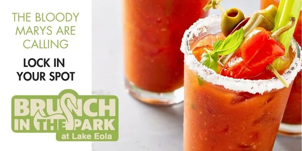 A promotional flyer for 'Brunch in the Park at Lake Eola' featuring three cocktails garnished with green olives and vegetables, with text encouraging attendees to 'lock in your spot' for the event.