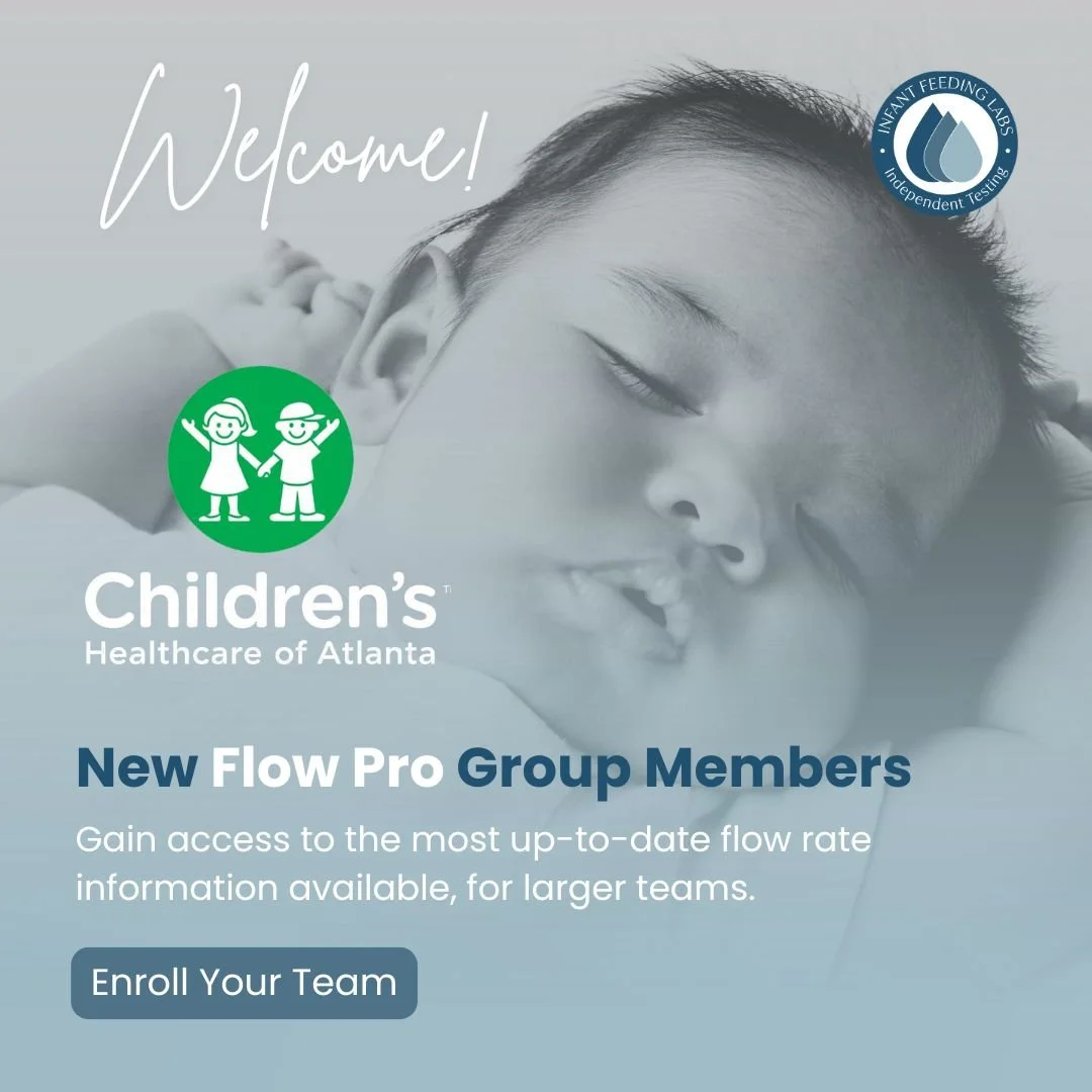 A black-and-white photo of a sleeping child with an overlay of text and logos promoting Children's Healthcare of Atlanta and infant feeding labs, encouraging new group members to gain access to flow rate information.