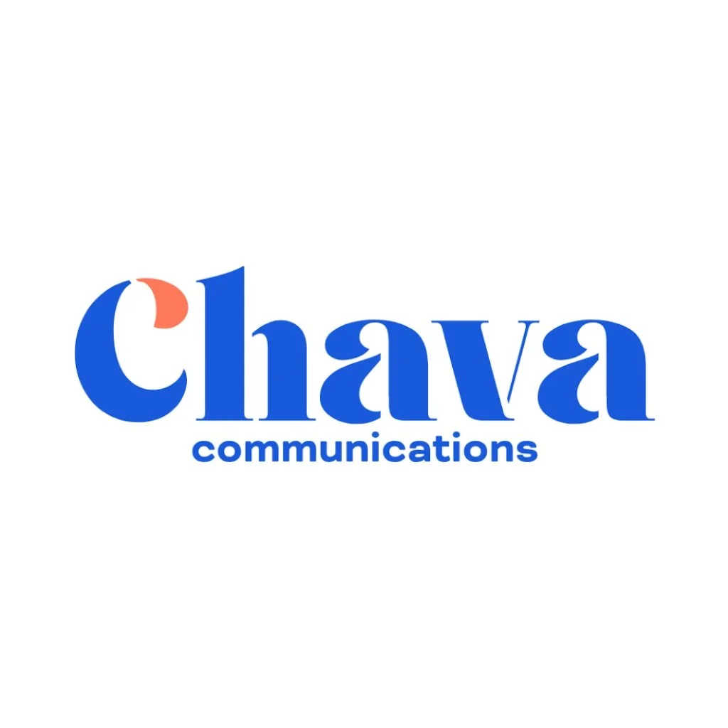 Chava Communications logo with the word 'Chava' in bold blue letters and 'communications' in smaller blue text underneath.