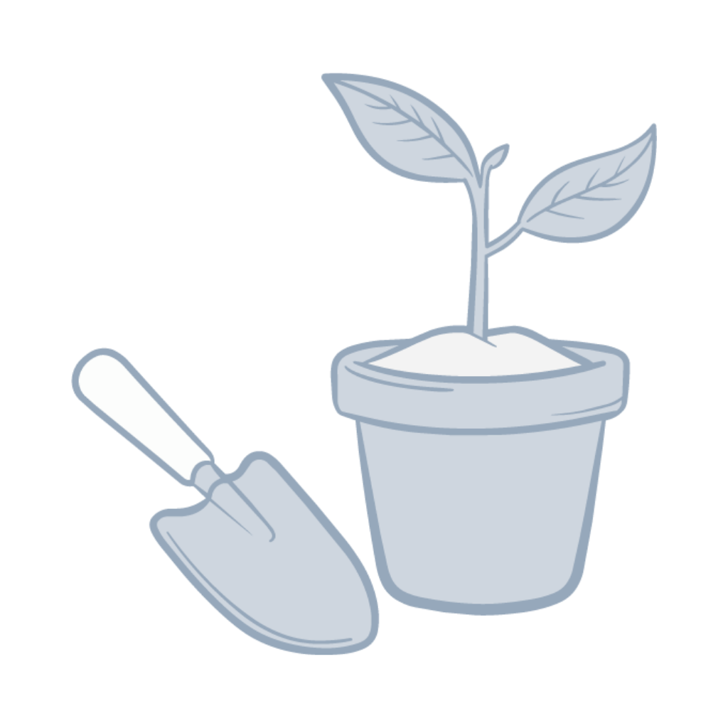 A simple drawing of a small potted plant with two leaves next to a gardening trowel.