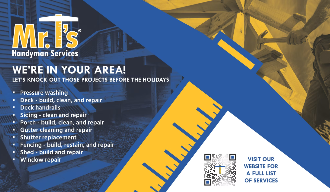 Flyer for Mr. T's Handyman Services listing various home repair services like pressure washing, deck repair, siding, porch, gutter, shutter, fencing, shed, and window repair, with a background image of a house and a worker hammering a roof truss.