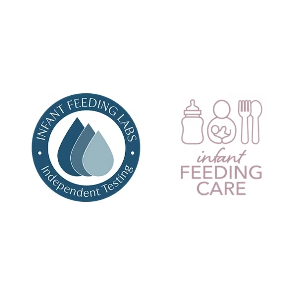 Logos for Infant Feeding Labs - Independent Testing and Infant Feeding Care, with icons of a baby bottle, a baby, a spoon, and a fork.