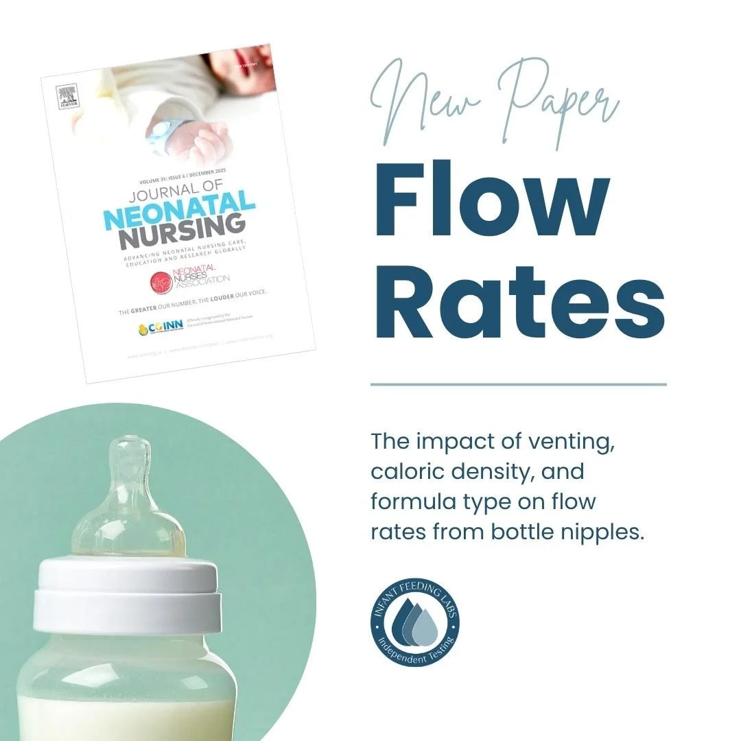 Cover of a publication titled "Flow Rates" discussing venting, caloric density, and formula type effects on bottle nipple flow rates, with an image of a baby bottle and a neonatal nursing journal.