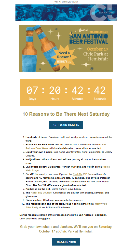 A promotional email for the San Antonio Beer Festival on October 17 at Civic Park at HemisFair. The email features a countdown clock showing 7 days, 20 hours, 42 minutes, and 42 seconds until the event. It lists 10 reasons to attend, including various beer activities, live music, and VIP zones. The email encourages ticket purchase and highlights additional benefits, with a call-to-action button labeled 'TICKETS HERE'.