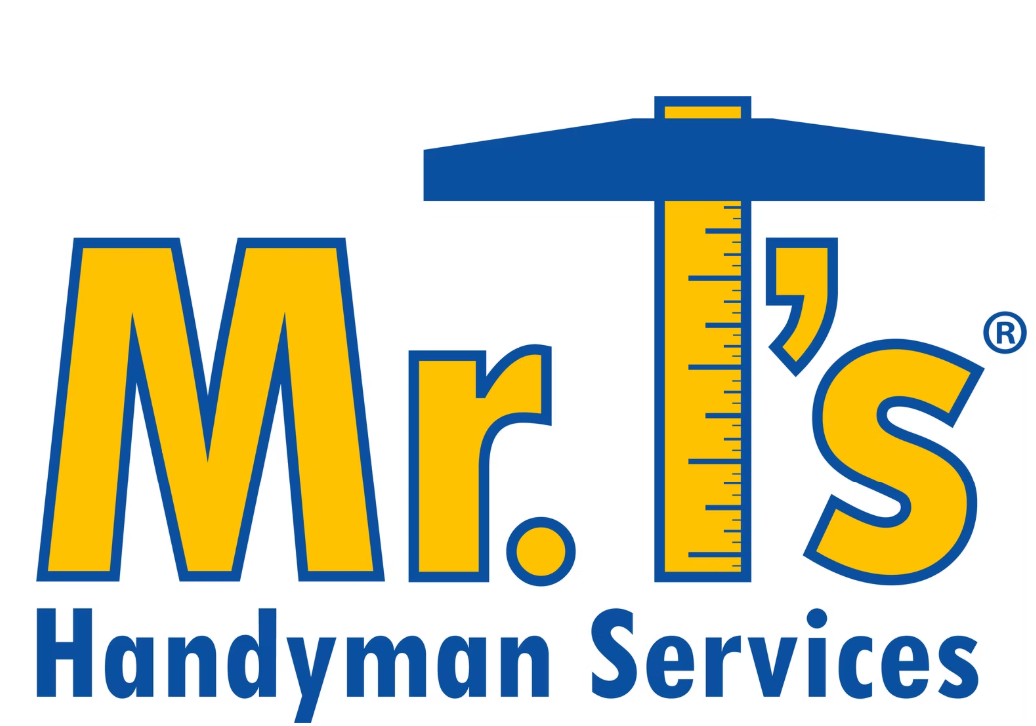 Logo for Mr. T's Handyman Services featuring bold yellow and blue text with a ruler motif integrated into the design.