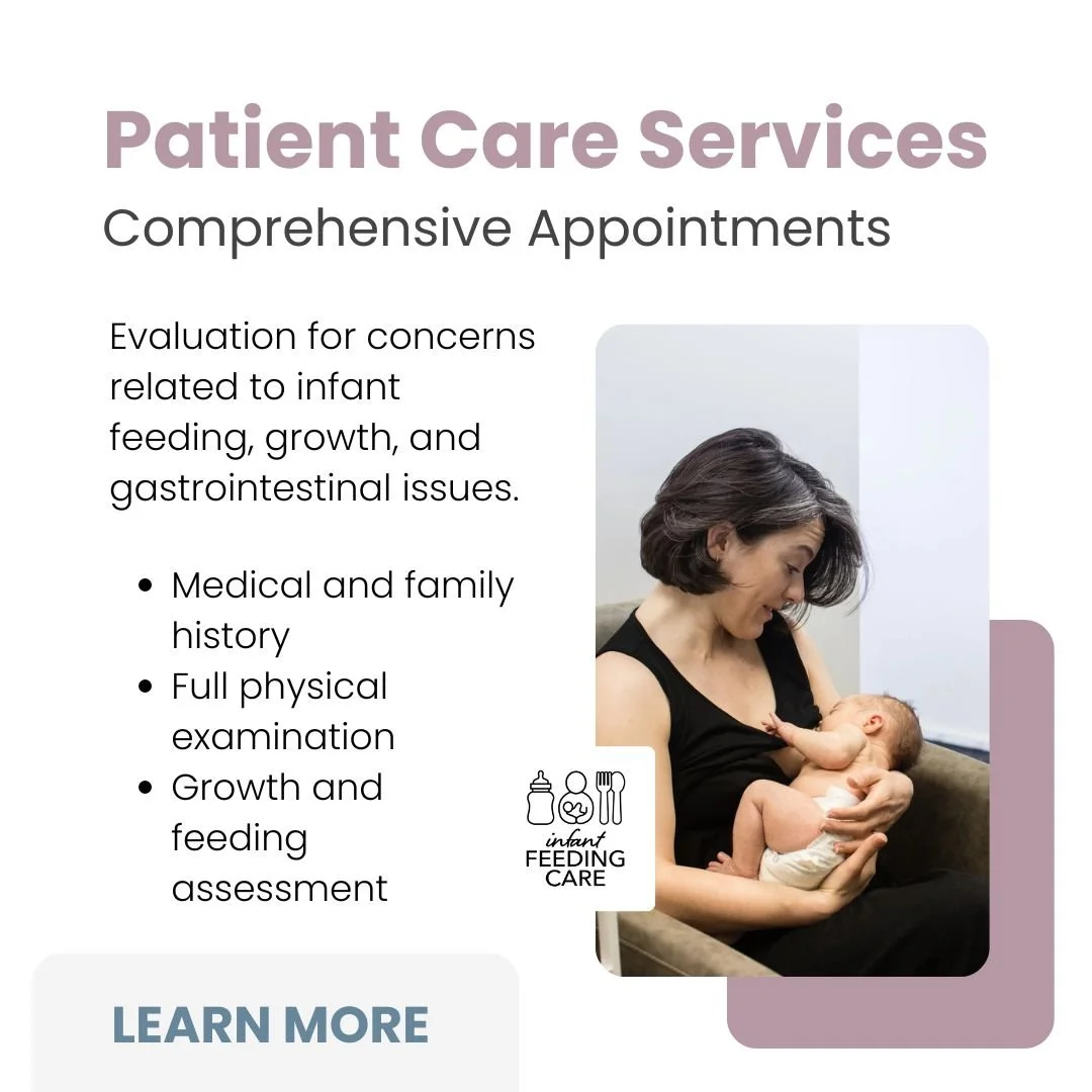 A flyer for patient care services offering comprehensive appointments for infant feeding, growth, and gastrointestinal concerns. Features a woman holding a baby and the words 'LEARN MORE' at the bottom.