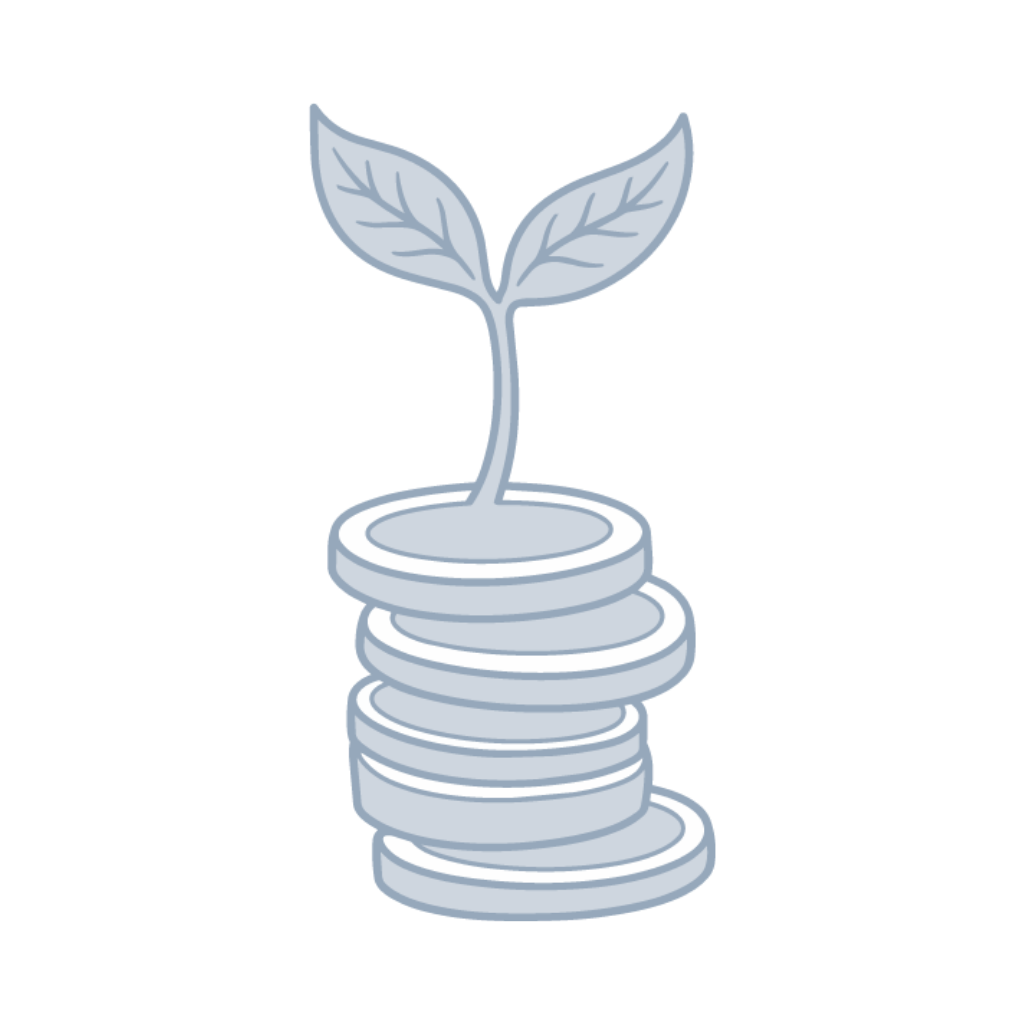 Illustration of a small plant with two leaves growing from a stack of coins.