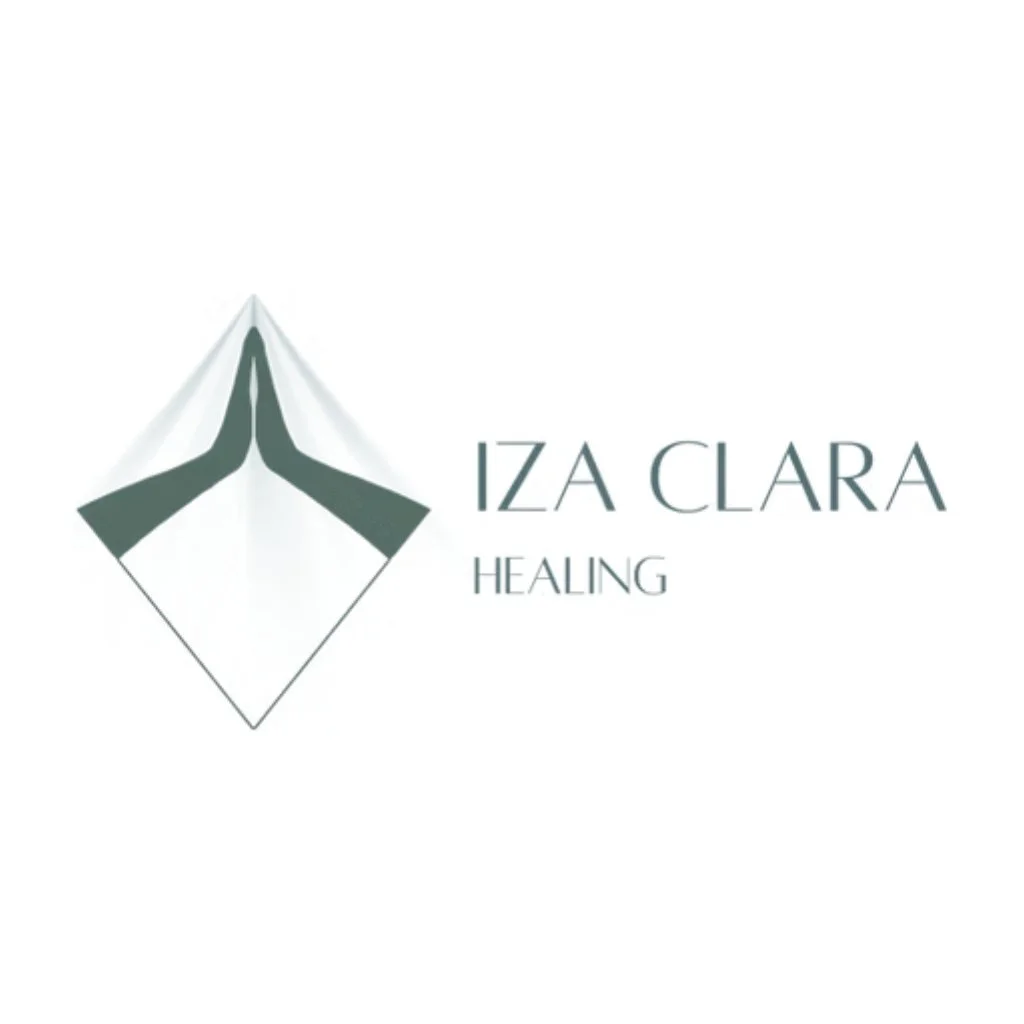 Logo for Iza Clara Healing featuring a diamond shape with hands in prayer position inside and the text 'IZA CLARA HEALING' to the right.