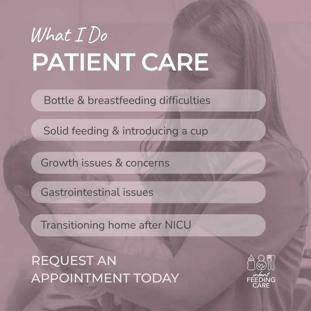 A promotional flyer for infant feeding care services featuring a woman holding a baby, with text listing services including bottle and breastfeeding difficulties, solid feeding, growth issues, gastrointestinal issues, transitioning home after NICU, and urging to request an appointment.