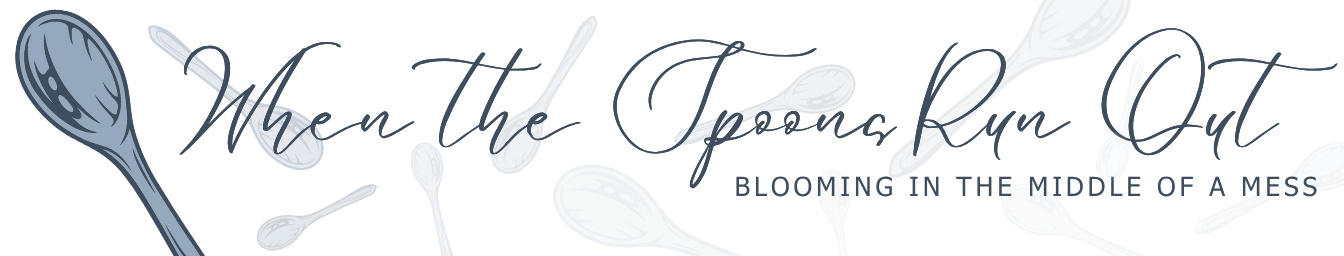 Stylized illustration of various silver spoons and utensils with cursive quote: 'More than Food, Seems Run Out', and smaller text: 'Blooming in the middle of a mess.'
