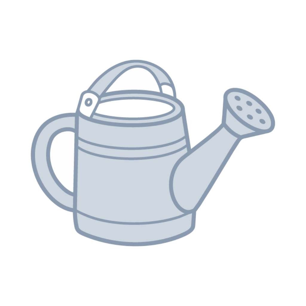 Simple illustration of a gray watering can with a handle on top and a spout with holes for pouring water.