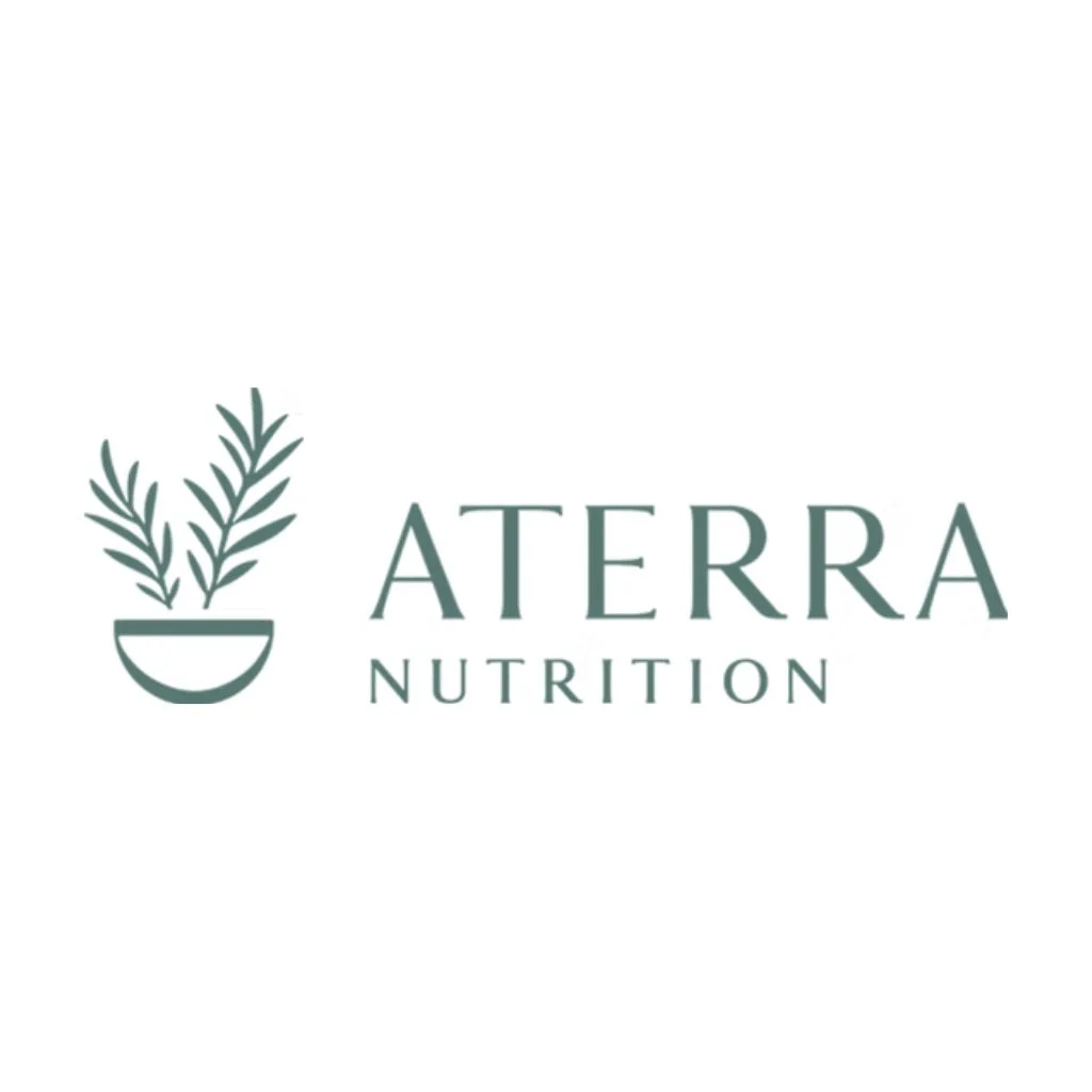 Logo for Aterra Nutrition featuring a minimalist illustration of a plant with leaves in a semi-circular pot.