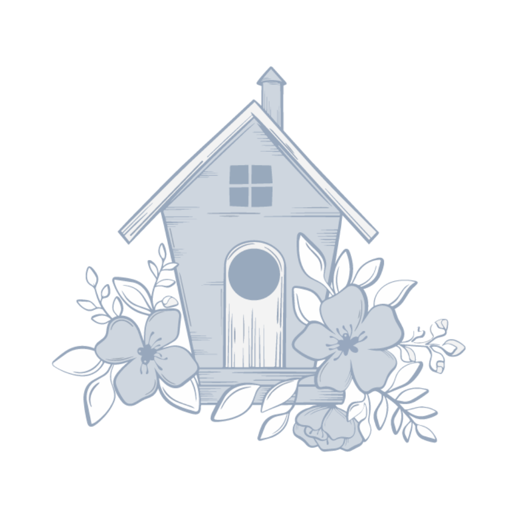 A simple blue-gray birdhouse with a round entrance sits amid illustrated flowers and leaves.