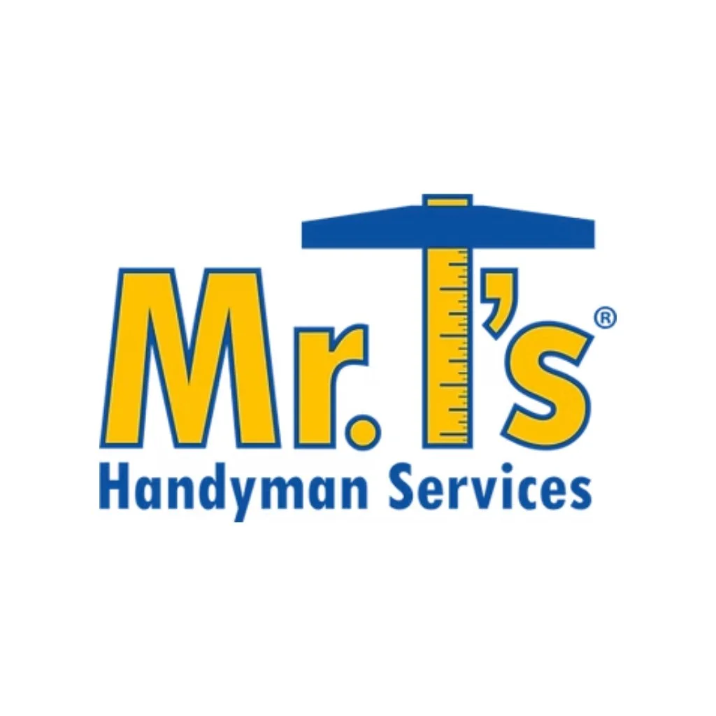 Logo for Mr. T's Handyman Services featuring bold yellow text with a blue outline, a stylized t-square ruler above the name, and blue text below