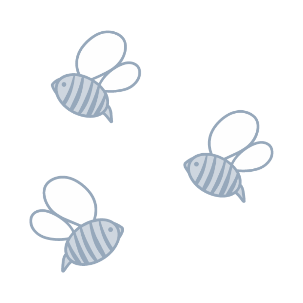 Three simple, cartoon-style bees with striped bodies and two wings each, flying in different directions on a light background with a playful charm.