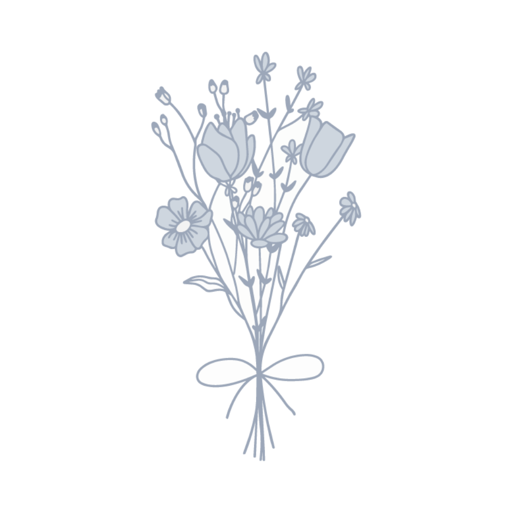 Simple line drawing of a bouquet of wildflowers tied with a bow, featuring various flower shapes and stems.