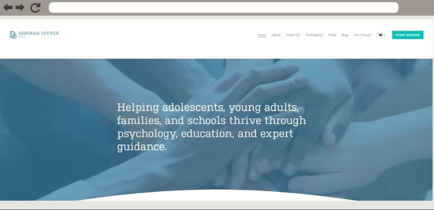 Website homepage for Deborah Offner, focusing on helping adolescents, young adults, families, and schools through psychology, education, and expert guidance.
