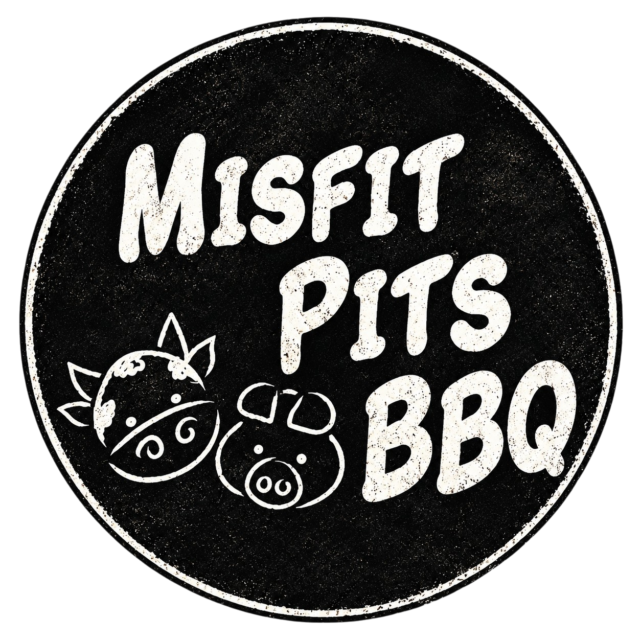 Chalkboard-style sign with white lettering that reads "Misfit Pits BBQ" and illustrations of a pig and a cow.