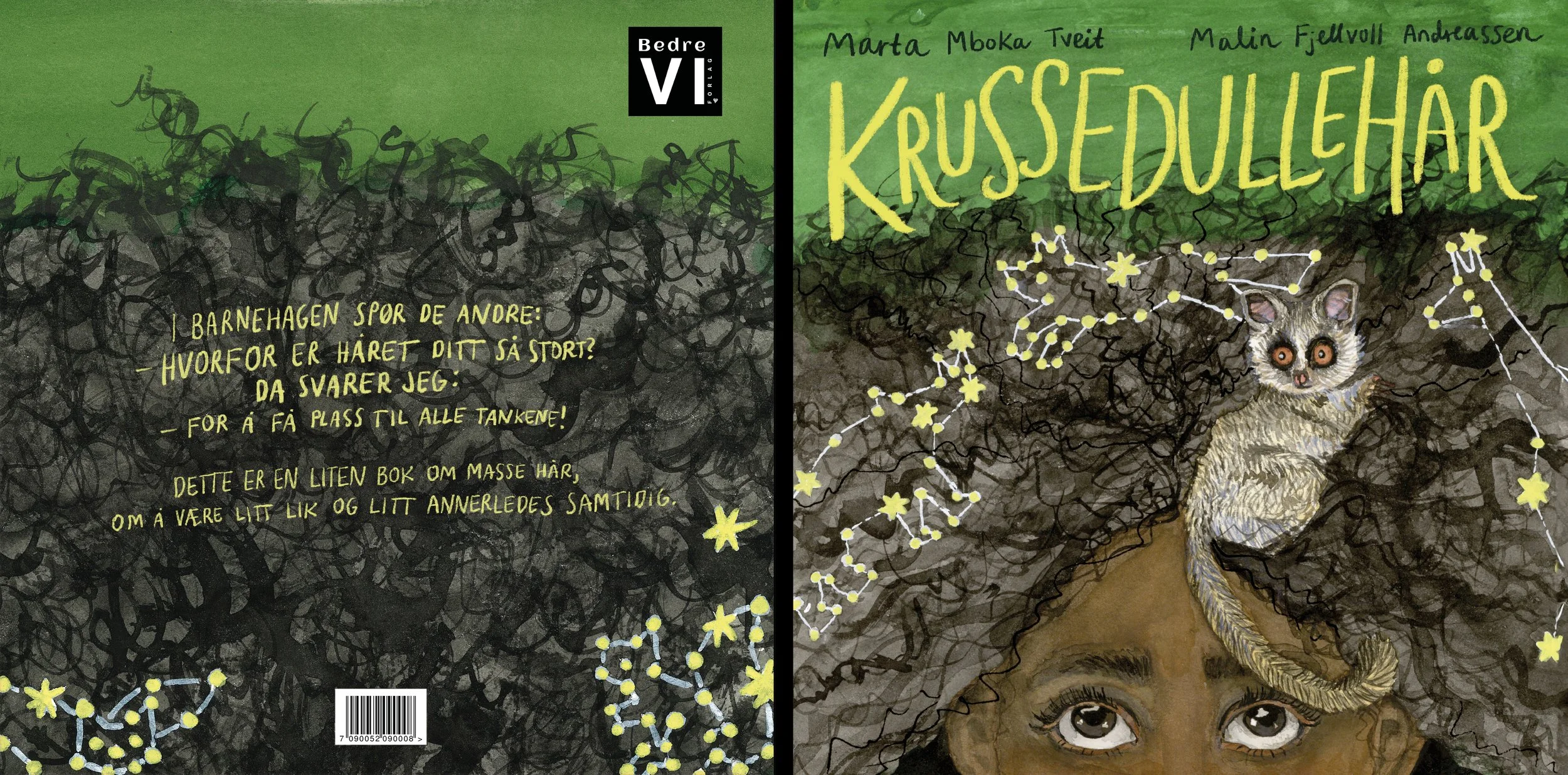 Cover of a book titled 'Krosseduell for' with an illustration of a girl with curly hair, a lemur on her head, and star constellations in the background, and a back cover with text and a barcode.