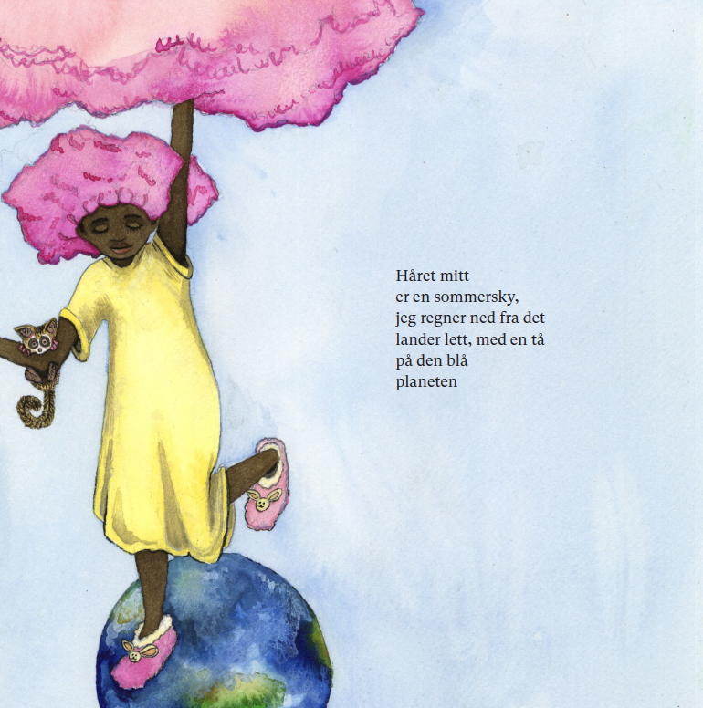A girl with pink curly hair is standing on top of the Earth, holding a pink umbrella and a small pink animal, with some pink clouds in the sky and a poem in Norwegian about her hair and the blue planet.