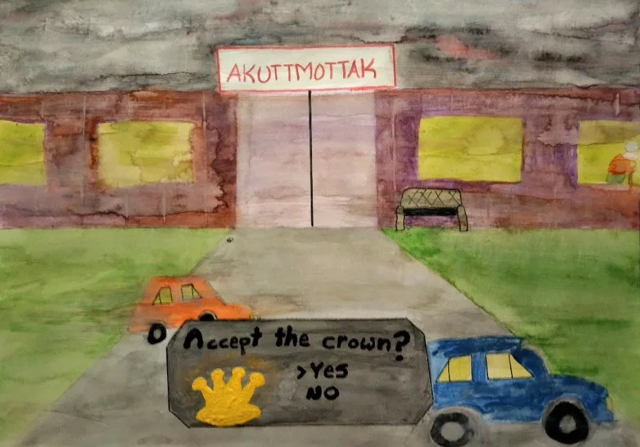 A colorful children's drawing of a hospital entrance labeled 'Akuttmottak,' with a pathway leading to it, a small orange car on the left and a blue car on the right, and a sign asking 'Accept the crown? Yes No' with a yellow crown symbol.