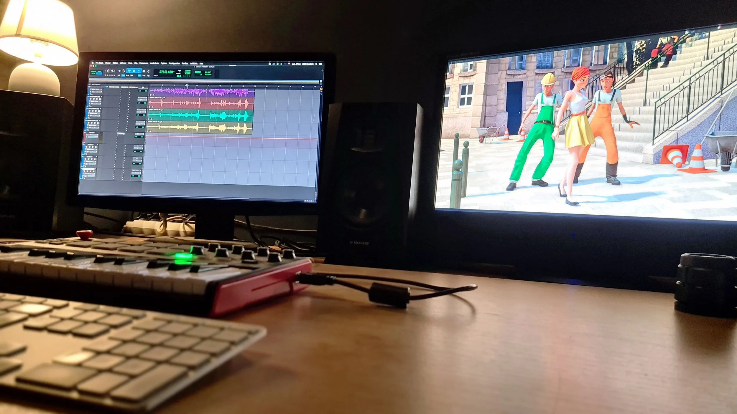 Bureau avec deux écrans d'ordinateur; l'un montre un logiciel de montage audio avec vagues sonores colorées, l'autre affiche une animation de personnages dessinés, trois femmes avec des casques de construction, marchant dans une rue avec des escalier