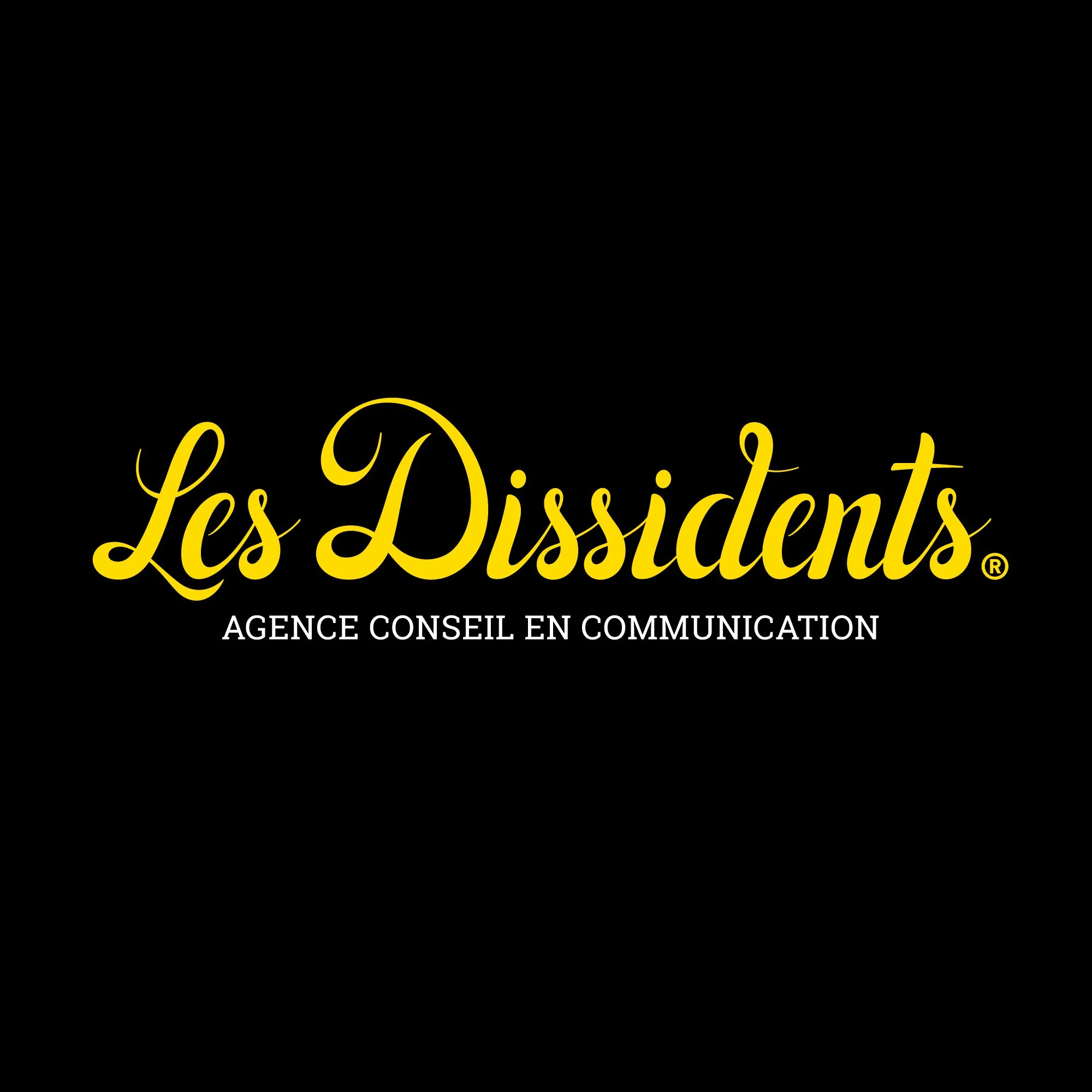 Logo de Les Dissidents, une agence de conseil en communication avec un fond noir, le nom en script jaune et une petite mention en blanc.