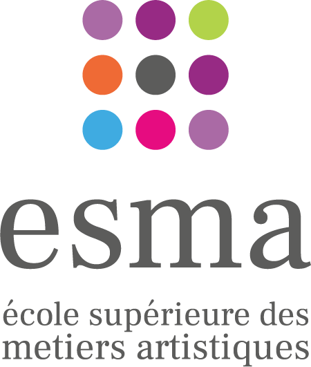 Logo de ESMA, école supérieure des métiers artistiques, avec des cercles colorés au-dessus du nom.