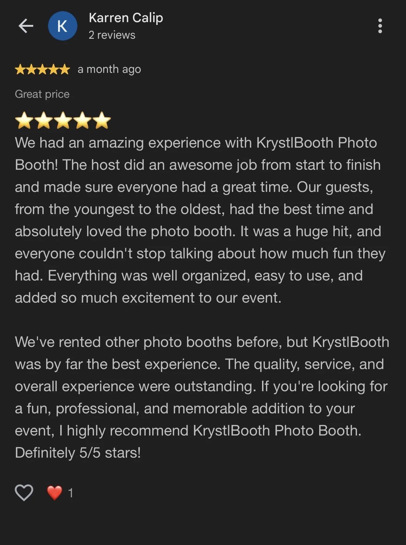 Screenshot of a customer review of KrystlBooth Photo Booth on a mobile device. The review is five stars and discusses a positive experience with the photo booth service.