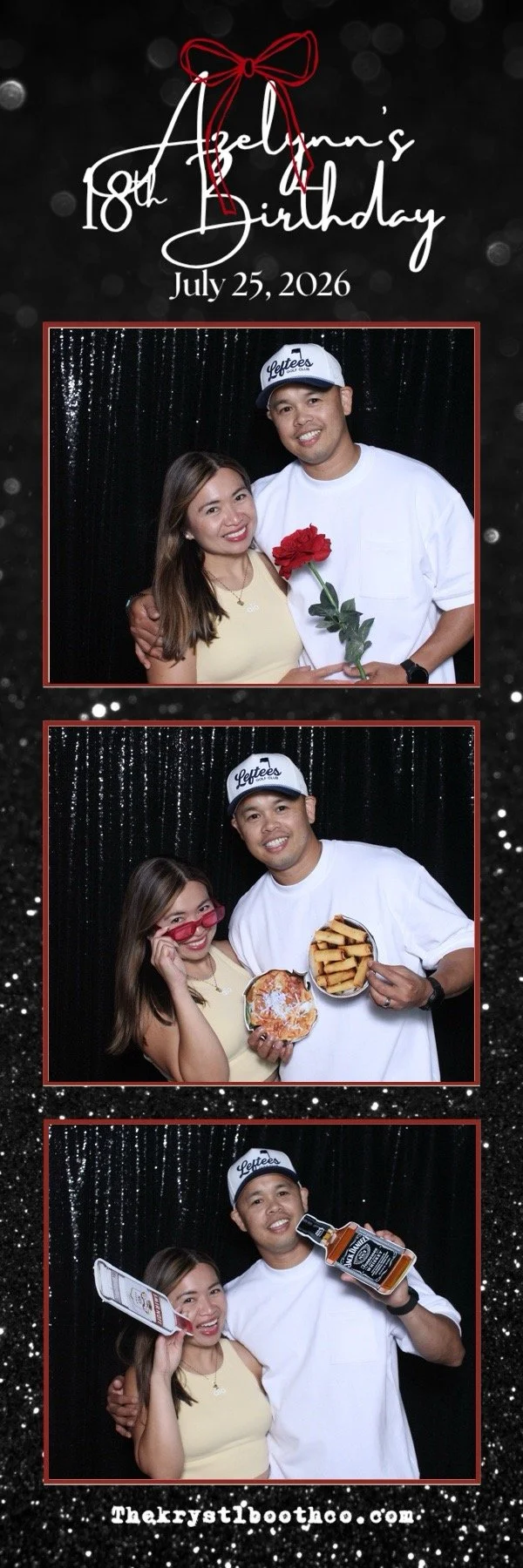 Three photos of a young woman and a man at a birthday celebration, with a black glittery background and white text indicating Azelynn's 18th birthday on July 25, 2026. In the first photo, they are smiling with the woman holding a red rose. In the second photo, they are playful, with the woman wearing red glasses holding a decorative item, and the man holding a plate of fries. In the third photo, they are posing with alcohol bottles, both smiling.