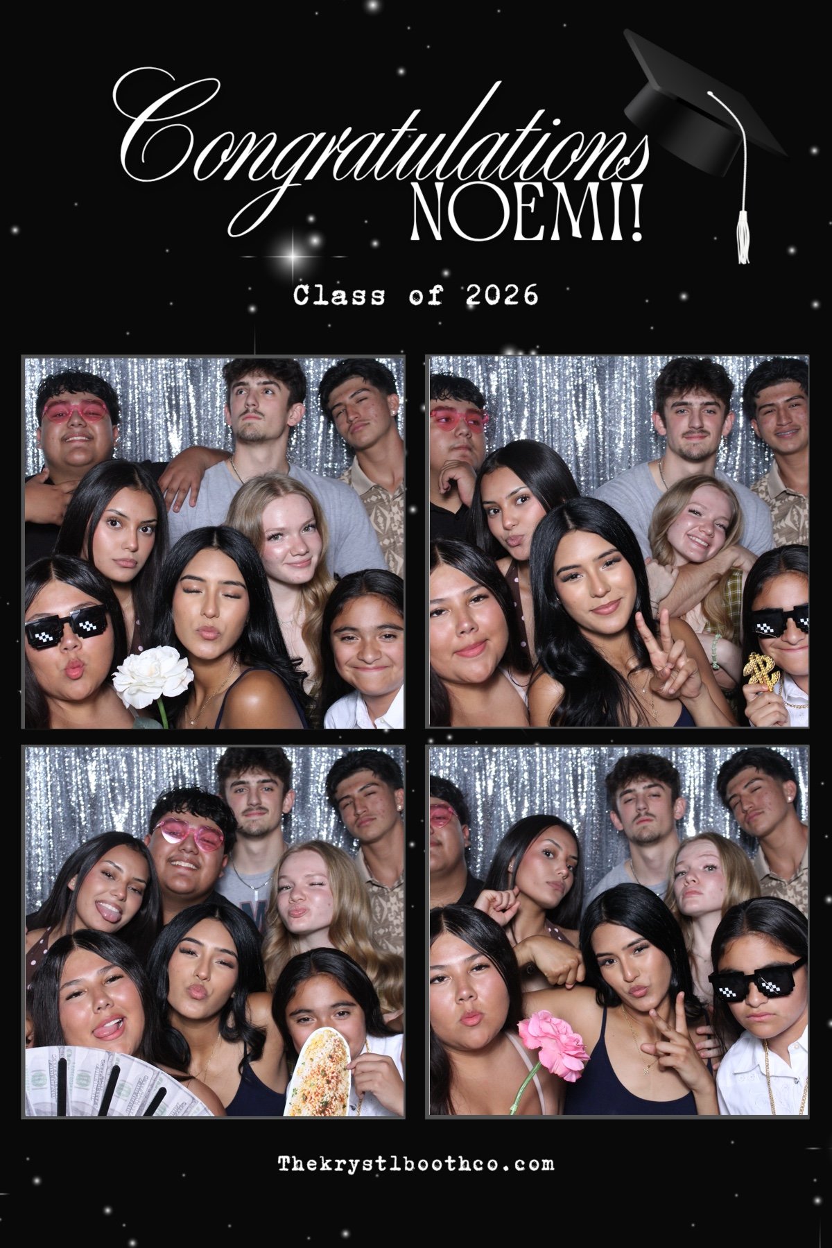 Photo booth sheet with four sets of four photos, celebrating a graduation class of 2026. The top features a black background with white stars, a graduation cap, and text that says "Congratulations Noemi! Class of 2026." The photos show diverse young people making playful expressions, wearing fun accessories, holding flowers and props, with a sparkly backdrop.