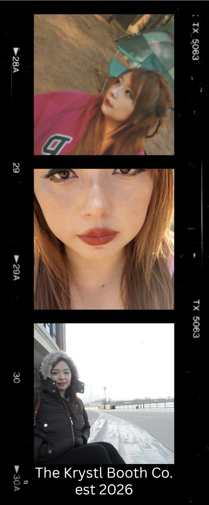 A vertical collage featuring three photos of women. The top image shows a woman with long reddish-brown hair and makeup, wearing a pink hoodie with a logo, outdoors near a camping tent. The middle image is a close-up of another woman with long hair, makeup, and wearing lipstick. The bottom image depicts a woman in winter clothing, sitting outdoors on a snowy surface, with a building and river in the background. The bottom has text that reads 'The Krystl Booth Co. est 2026'.