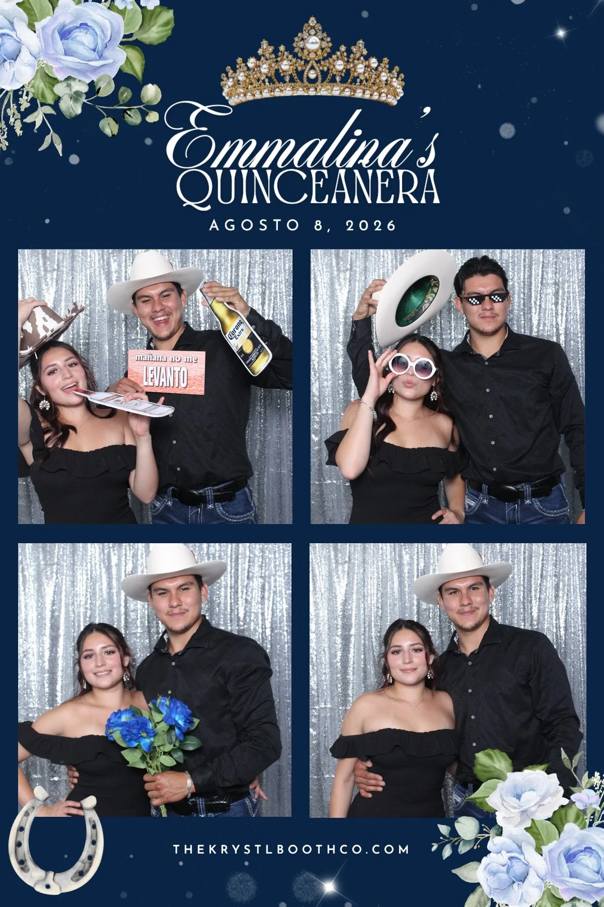 Photo strip from a photo booth at Emmalina's quinceañera on August 8, 2026, featuring four images of young people in various costumes and props, set against a silver sequin backdrop, with decorative flowers and event details at the top and bottom.