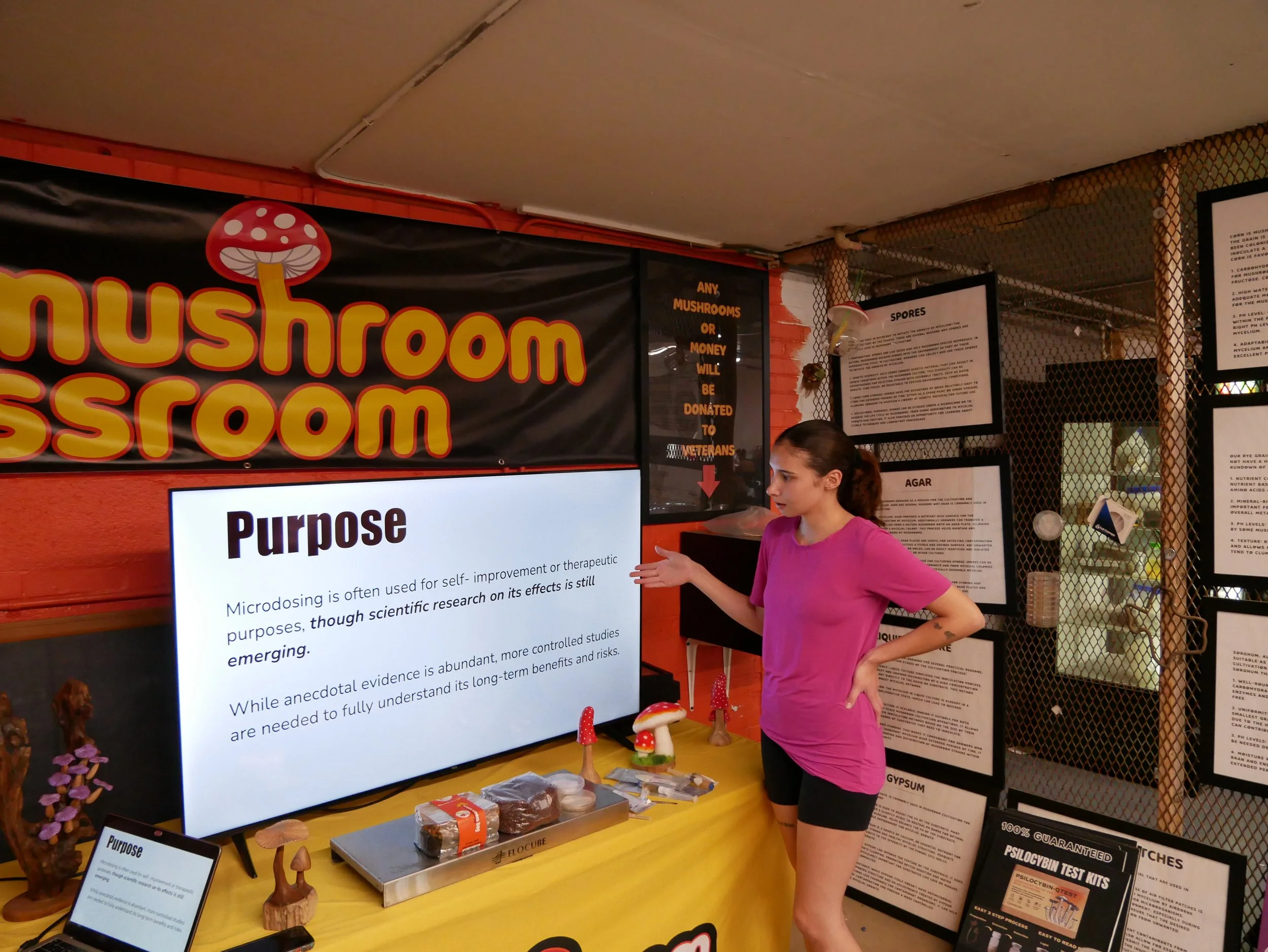 A woman in a pink shirt explaining a science display about microdosing at an educational booth, with informational posters and models of mushrooms on the table.