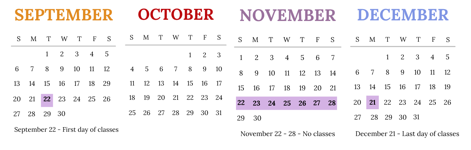 Academic calendar marking September 22 as the first day of classes, October 22-28 with no classes, and December 21 as the last day of classes.