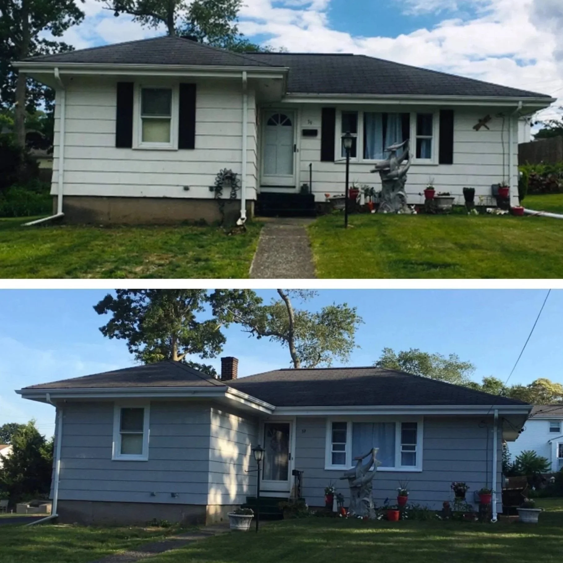 Before and after example photo.  Front view of a one-story house with light blue siding, black shutters, and a gable roof; a small porch with steps and a white door; front yard with grass, potted plants; trees and blue sky in the background.