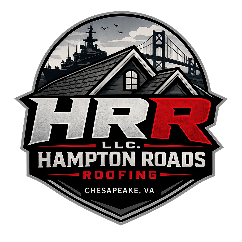Logo for Hampton Roads LLC Roofing featuring a ship, a house roof, and a bridge with clouds and birds in the background, and text indicating location in Chesapeake, VA.
