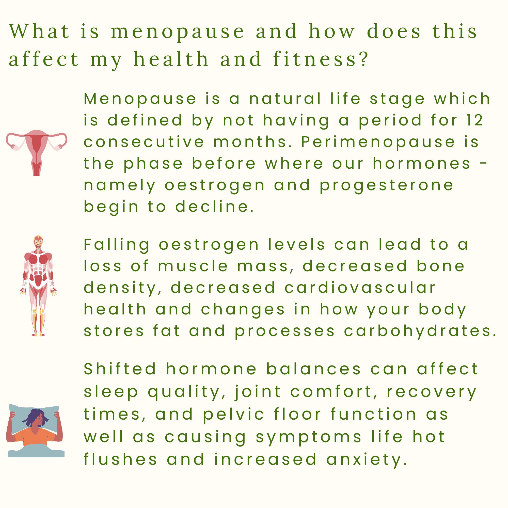 What is menopause and how does this affect my health and fitness? Menopause is a natural life stage which is defined by not having a period for 12 consecutive months. Perimenopause is the phase before where our hormones fluctuate.
