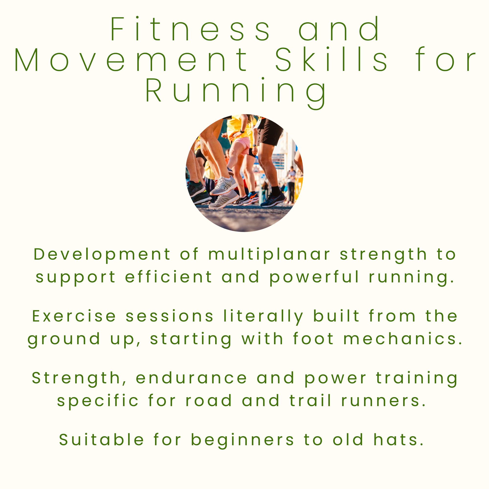 Poster about running and fitness, showing a close-up of children's legs and shoes at a starting line, with text discussing development and training for road and trail runners.