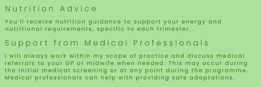 You’ll receive nutrition guidance to support your energy and nutritional requirements, specific to each trimester. I will always work within my scope of practice and discuss medical referrals to your GP or midwife when needed.