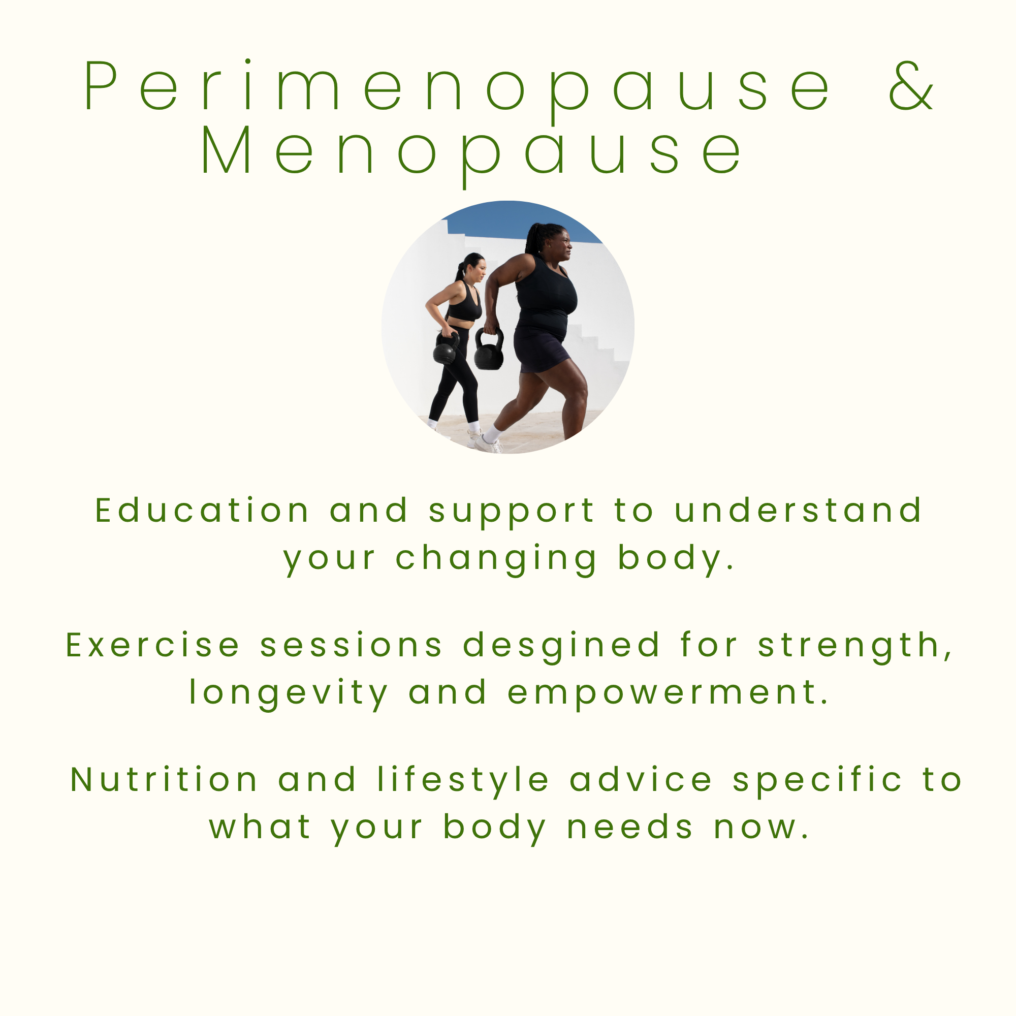 Text about perimenopause, menopause, exercise, nutrition, and lifestyle advice with a photo of two women carrying kettlebells.