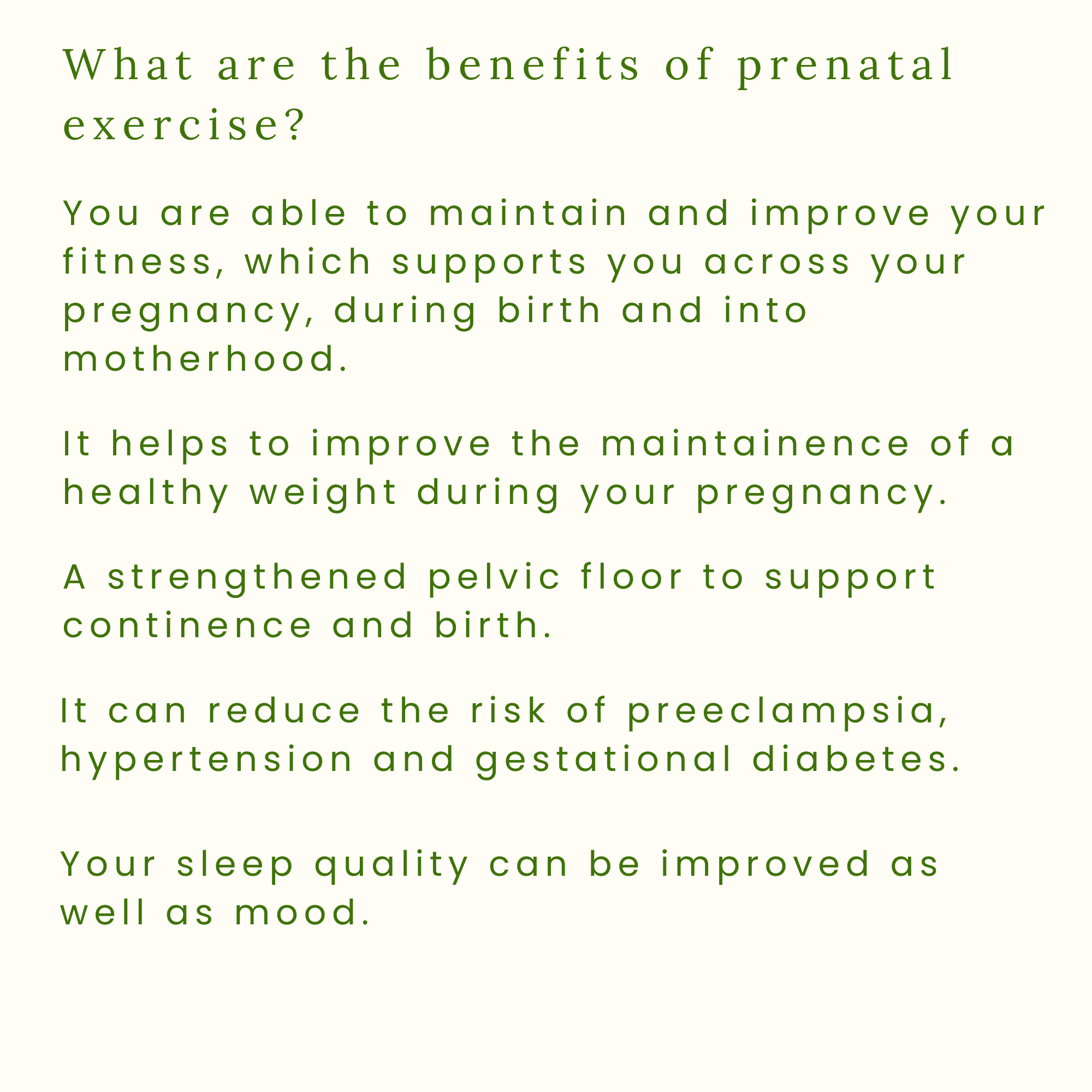 Text on a light beige background discusses the benefits of prenatal exercise, including maintaining fitness during pregnancy, reducing pregnancy risks, and improving sleep quality.